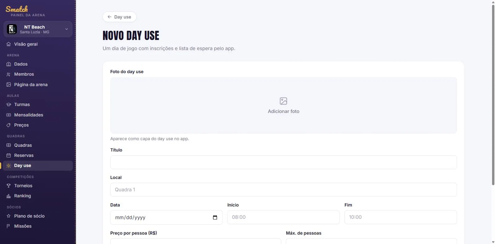 Formulário de novo day use no painel do Smatch