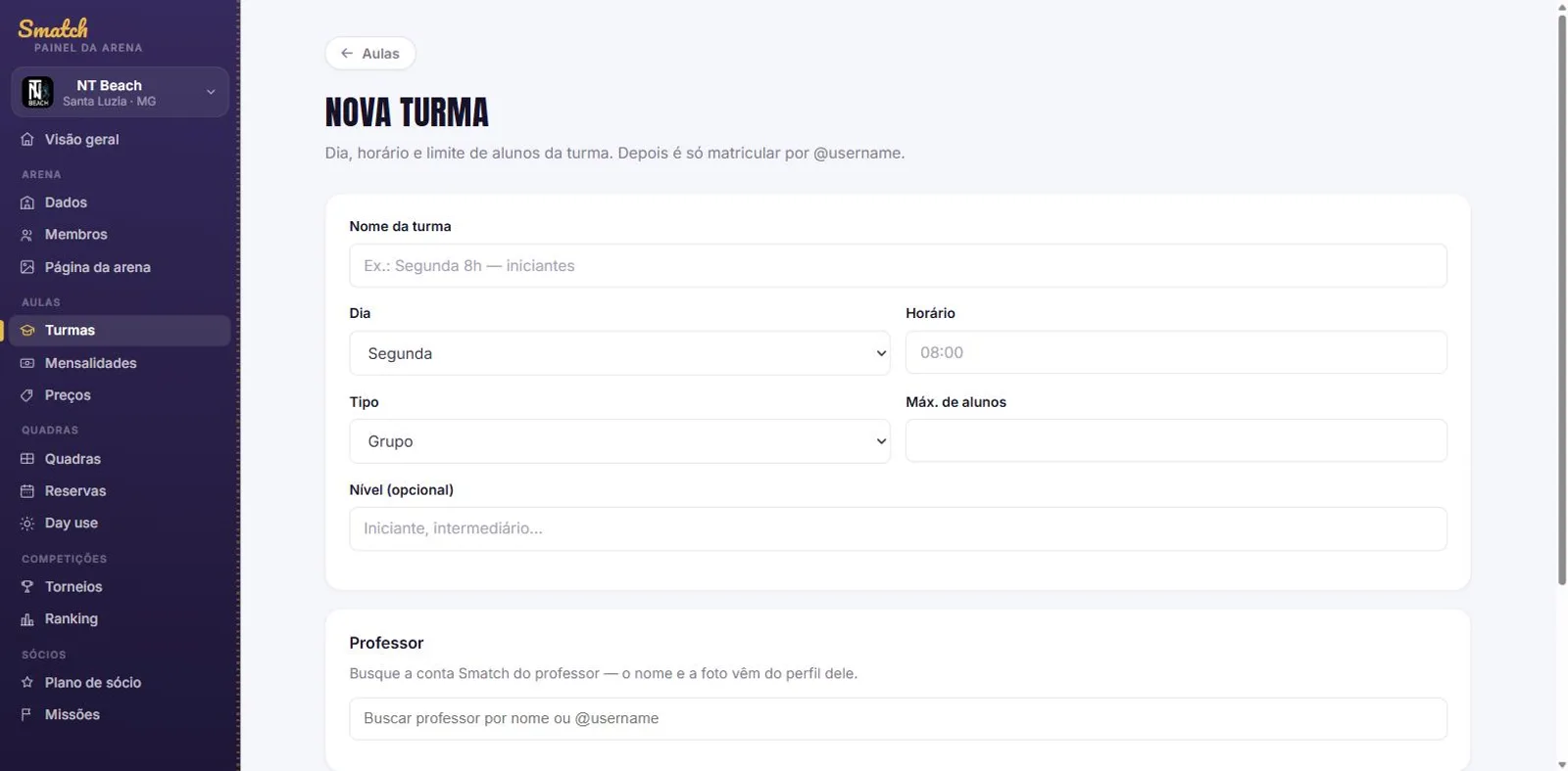Formulário de nova turma no painel do Smatch